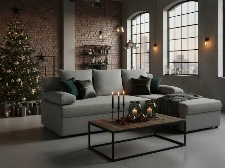 Szary narożnik Gino Sawana 21 w industrialnej aranżacji salonu z dekoracjami świątecznymi i choinką, podkreślający nowoczesny, przytulny styl.