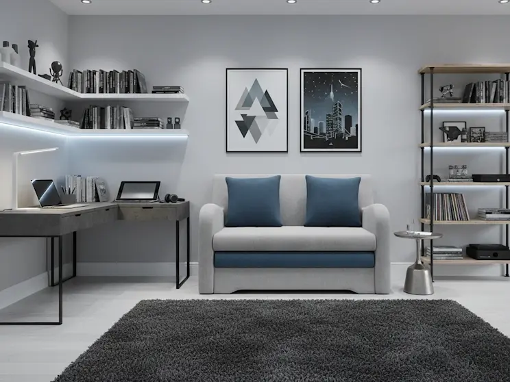 Stylowa kanapa Ario w połączeniu tkanin Nube 03 i Monolith 76 w jasnym, funkcjonalnym pokoju młodzieżowym dla chłopca z półkami i narożnym biurkiem.