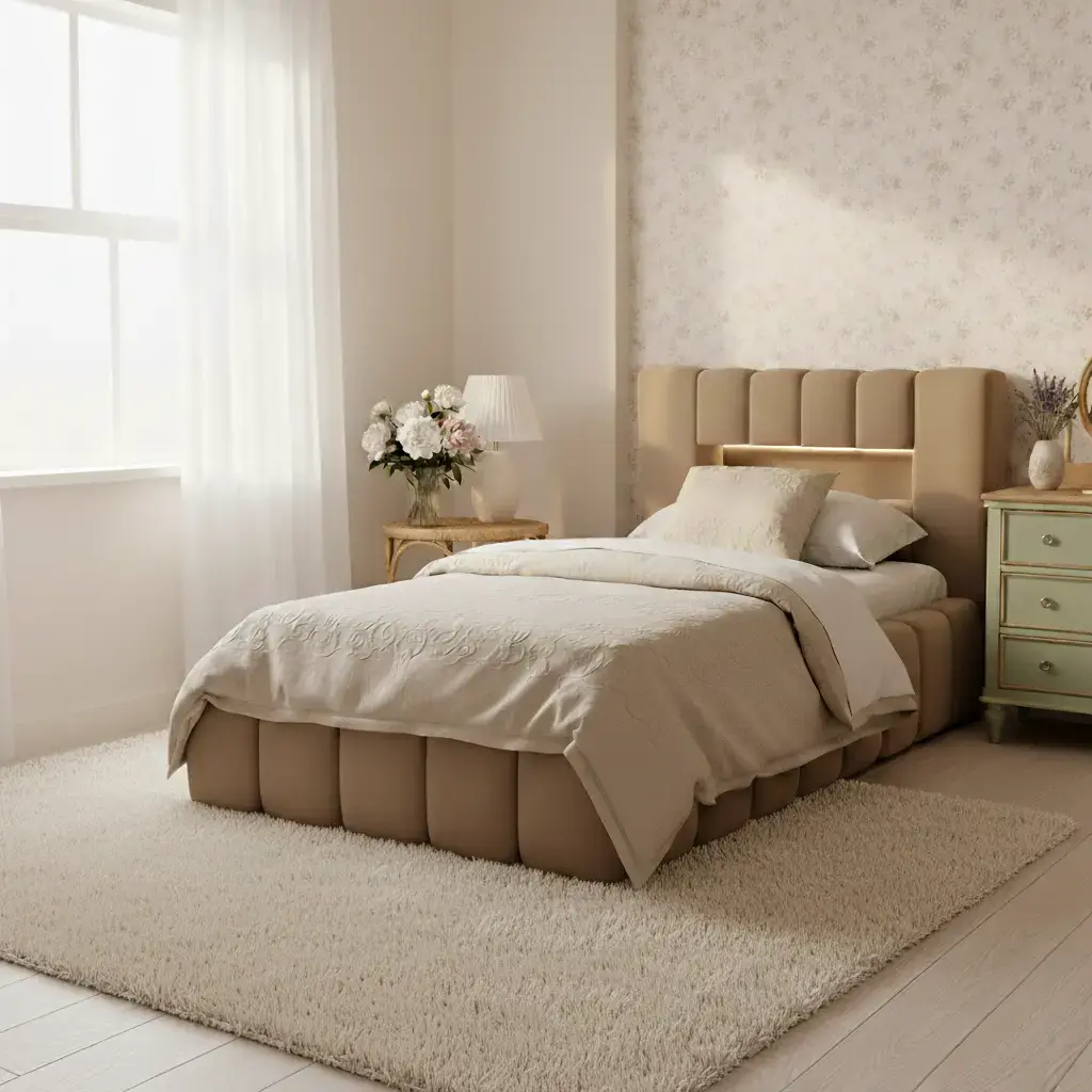 Tapicerowane łóżko Lamica 90x200 w tkaninie Nube 20 w jasnej, przytulnej sypialni. Łóżko posiada wysokie zagłowie z pionowymi przeszyciami i delikatnym podświetleniem LED.