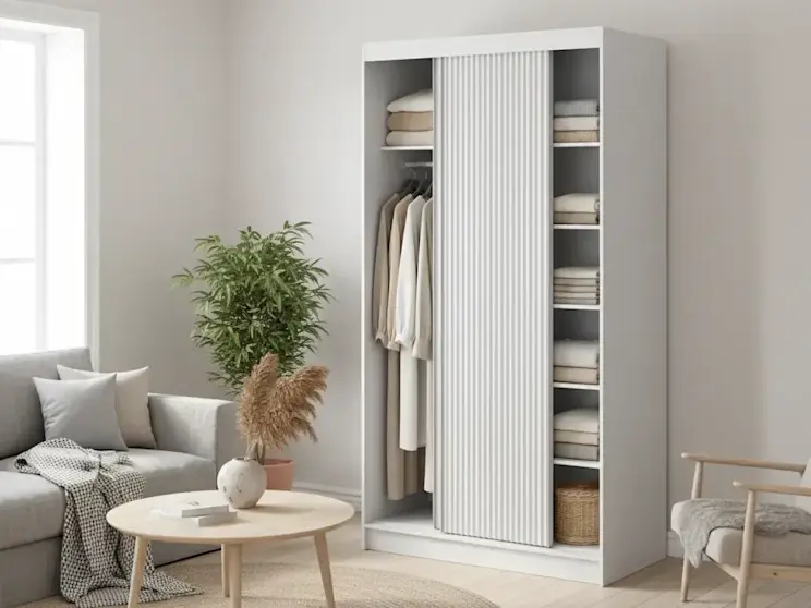 Biała szafa Biancco II z przesuwnymi drzwiami z dekoracyjnymi lamelami w jasnym salonie z drewnianym stolikiem kawowym, rośliną doniczkową i jasnym dywanem, tworząca nowoczesną i funkcjonalną przestrzeń do przechowywania.