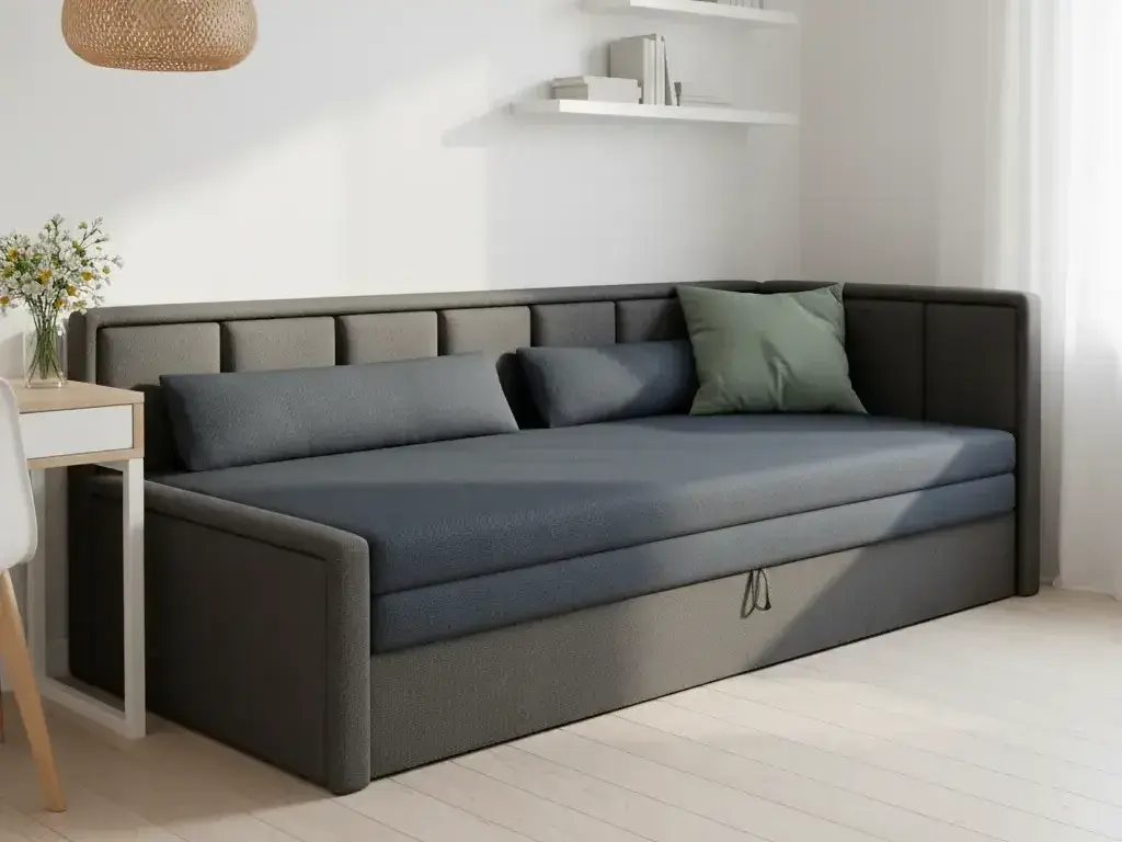 Nowoczesna kanapa Fulgeo prawa w kolorze granatowo-szarym z tapicerowanym oparciem i siedziskiem, ustawiona przy ścianie w jasnym salonie z minimalistycznymi półkami i stolikiem nocnym.