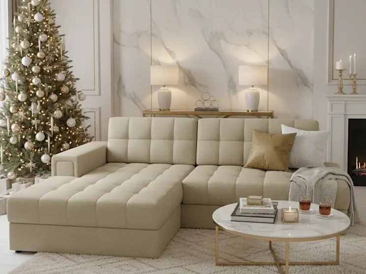 Narożnik Blezalt Monolith 04 w jasnym, eleganckim salonie z marmurowymi akcentami i choinką w złotych ozdobach, tworzy ciepłą, świąteczną atmosferę.