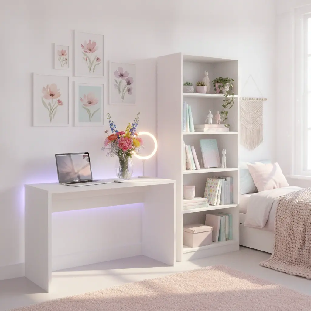 Biały regał Seilf oraz biurko Nevy 120x60 w przytulnym pokoju młodzieżowym z pastelowymi dodatkami. Funkcjonalne półki na książki, dekoracje i zeszyty oraz przestronny blat tworzą wygodne miejsce do nauki i rozwijania zainteresowań.