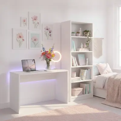 Biały regał Seilf oraz biurko Nevy 120x60 w przytulnym pokoju młodzieżowym z pastelowymi dodatkami. Funkcjonalne półki na książki, dekoracje i zeszyty oraz przestronny blat tworzą wygodne miejsce do nauki i rozwijania zainteresowań.