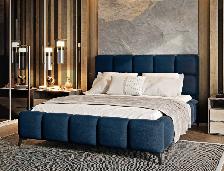 Granatowe łóżko w luksusowej sypialni
