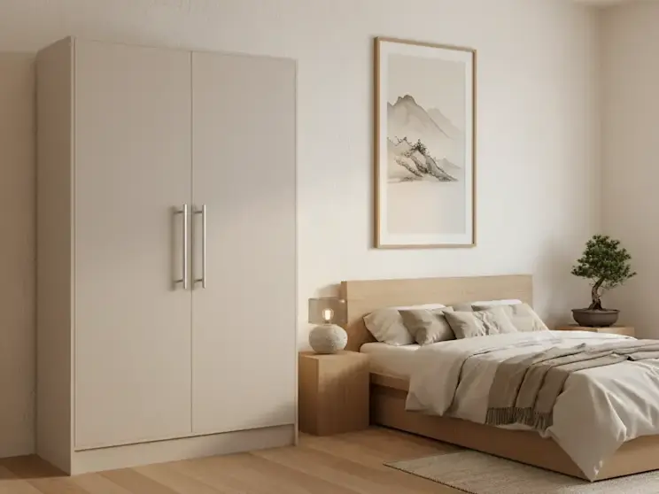 Kaszmirowa szafa Alarica II w eleganckiej sypialni z jasną podłogą, minimalistycznym łóżkiem i subtelnymi dekoracjami. Naturalne odcienie i proste formy mebli budują przytulne, uporządkowane wnętrze.