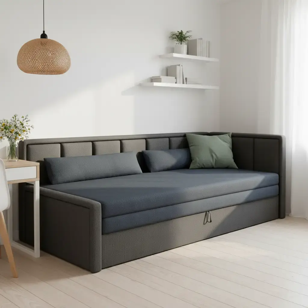 Kanapa Fulgeo prawa w tkaninie Poco 40 granatowej i Poco 04 szarej, z wysokim oparciem i funkcją spania, ustawiona w jasnym nowoczesnym wnętrzu z półkami ściennymi i lampą wiszącą.