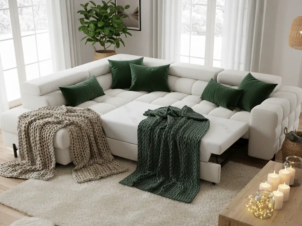 Jasny salon z rozłożonym narożnikiem Ferucce Amore 01, miękkimi tkaninami i naturalnymi dekoracjami, tworzący ciepłą i wygodną przestrzeń.