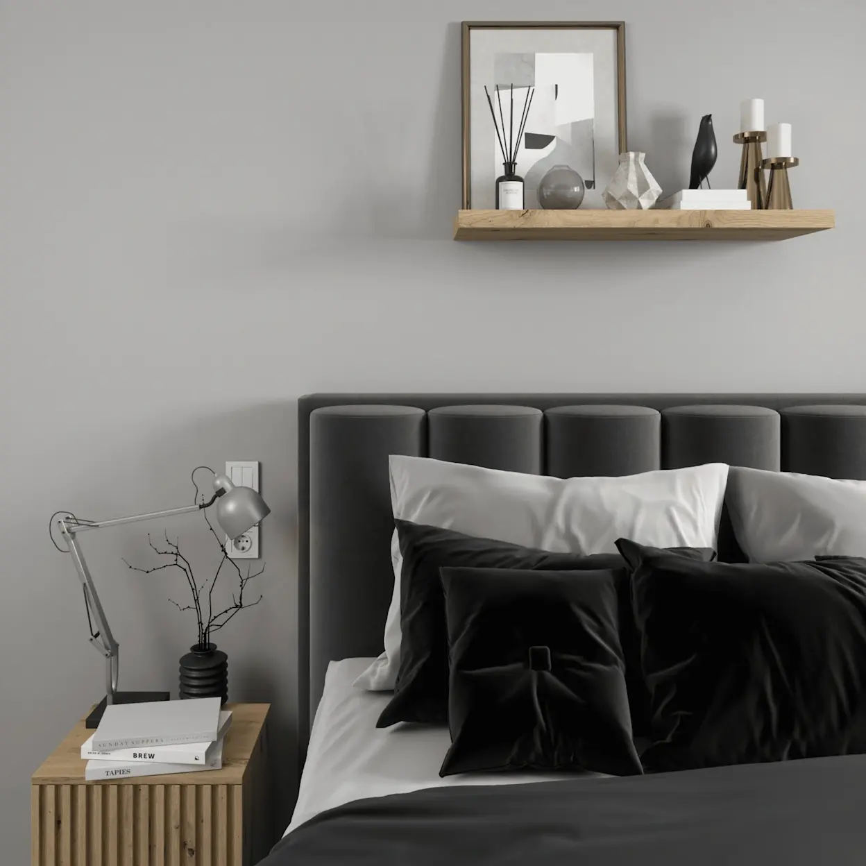 Eleganckie wnętrze z łóżkiem Veros i stolikiem Entsian, uzupełnione półką Gariss z dekoracjami, tworzące harmonijną i przytulną aranżację.