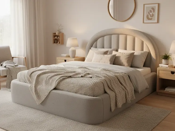 Tapicerowane łóżko Tapedo w tkaninie Amore 01, zaprezentowane w jasnej, przytulnej sypialni z naturalnymi dodatkami.