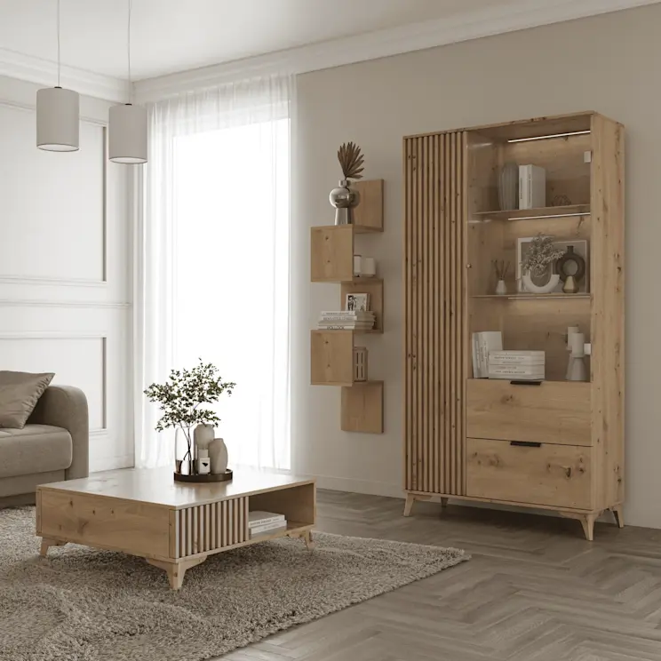 Półka Sunpedo WS-SUN-OA-POL25, witryna Entsian SF-ENT-A-WIT100 stolik kawowy Entsian SF-ENT-A-STO80 [pomieszczenie MAŁE