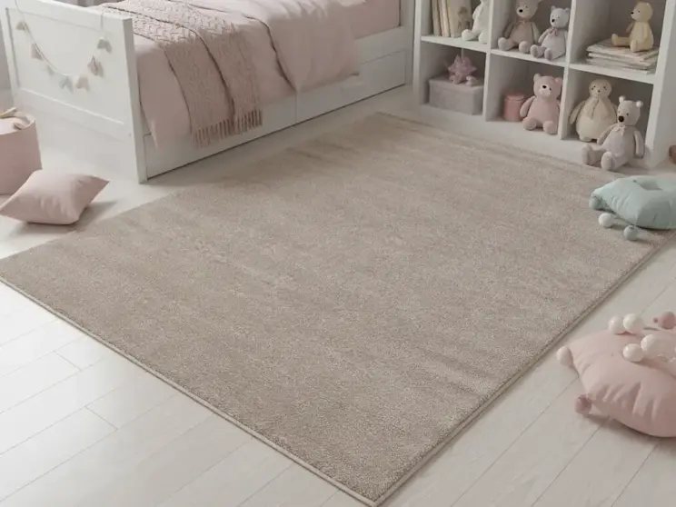 Dywan Verlice Beige w jasnym pokoju dziecięcym z białym łóżkiem i pastelowymi dodatkami. Beżowy dywan o delikatnej strukturze pięknie komponuje się z jasną podłogą i tworzy przytulne miejsce do zabawy oraz odpoczynku.