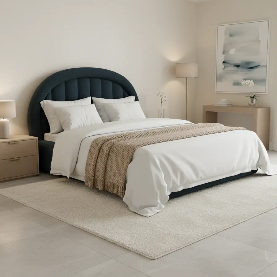 Minimalistyczna sypialnia z łóżkiem Tapedo w stonowanej aranżacji, dopełniona delikatnym oświetleniem i jasnymi tkaninami.