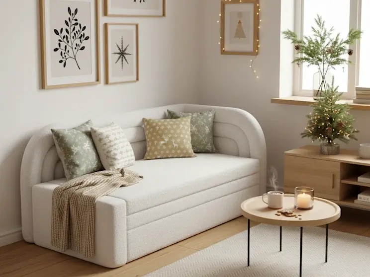 Kanapa Fabillo Royal 01 w jasnym, świątecznym salonie z pastelowymi poduszkami, małą choinką i naturalnymi dekoracjami tworzącymi ciepły klimat.