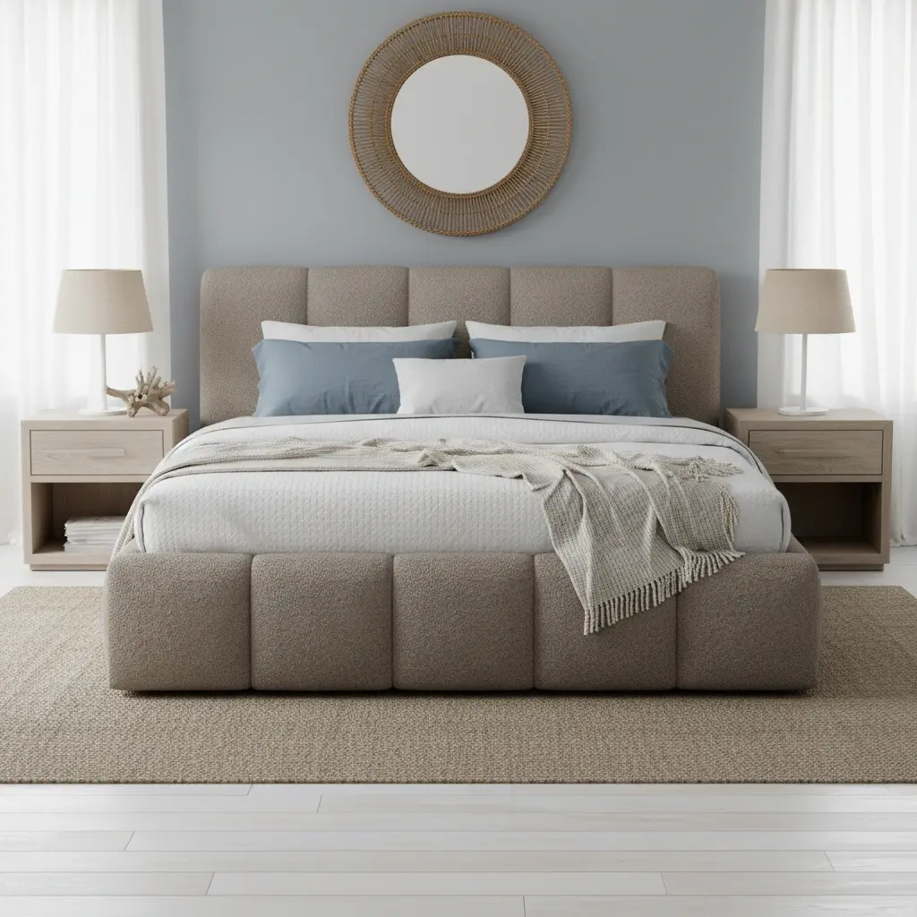 Popielate łóżko Edvige w tkaninie Royal 20 to nowoczesne łóżko tapicerowane z miękkim zagłówkiem i minimalistycznym designem, które doskonale wpisuje się w jasną, elegancką aranżację sypialni.