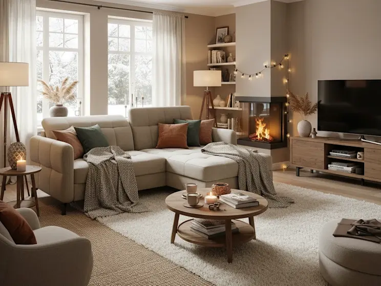 Prawostronny narożnik Lorelle w tkaninie Inari 23 w jasnobrązowym kolorze, zaprezentowany w przytulnym salonie z kominkiem i ciepłym oświetleniem.