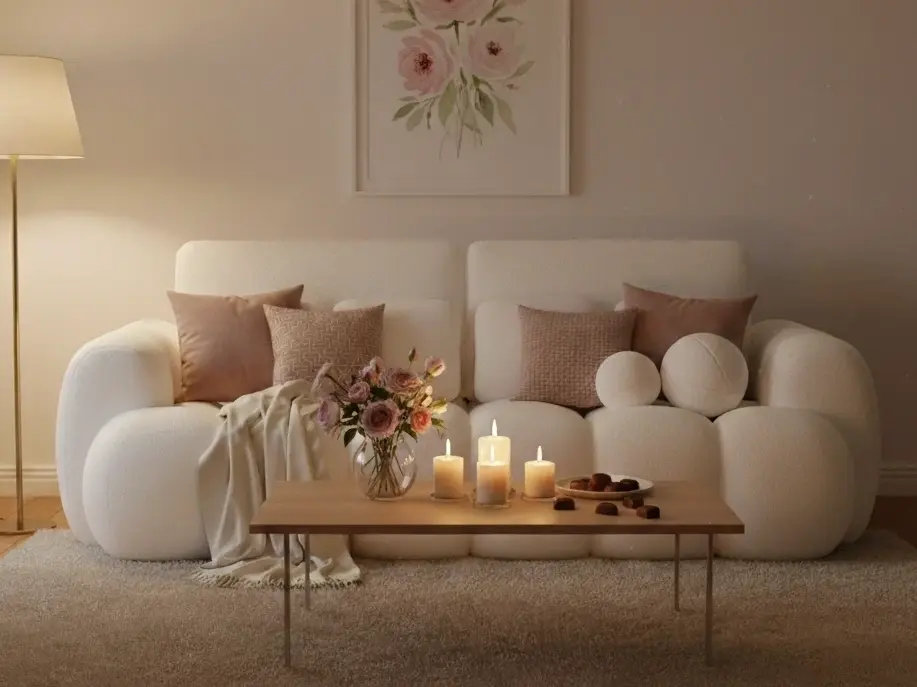 Jasna, miękka kanapa Cotonn w eleganckiej aranżacji salonu z dodatkami w beżach i różu. Przytulne oświetlenie i dekoracje tworzą spokojną, domową atmosferę.