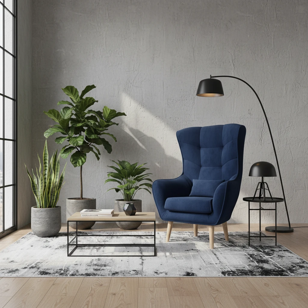 Fotel Ario w tkaninie Monolith 77 zestawiony z dywanem Bardot Grey w loftowym wnętrzu z betonową ścianą, roślinami i czarną lampą.