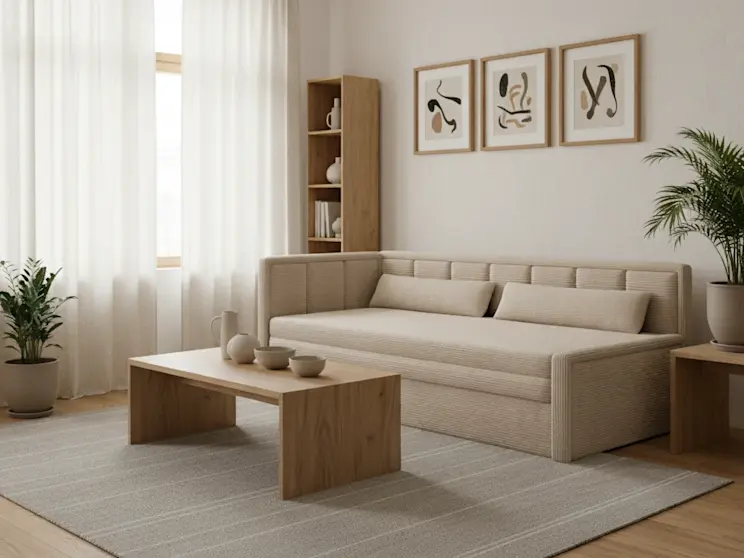 Kanapa Fulgeo w tkaninie Jarell 18 ustawiona w jasnym salonie z drewnianymi meblami, roślinami i trzema abstrakcyjnymi grafikami.