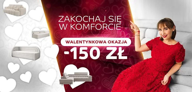 Baner walentynkowy ELTAP „Zakochaj się w komforcie” – walentynkowa okazja -150 zł na wybrane sofy i łóżka; kobieta w czerwonej sukience na jasnej sofie, motyw serc.