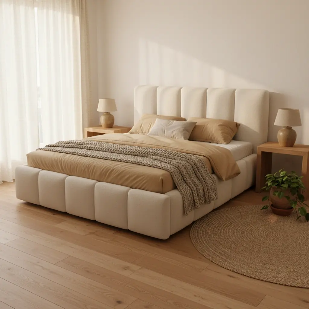 Jasnokremowe łóżko Edvige w tkaninie Soft 17 to nowoczesne łóżko tapicerowane z miękkim zagłówkiem i subtelnym wykończeniem, które rozjaśnia sypialnię i tworzy przytulną przestrzeń do wypoczynku.