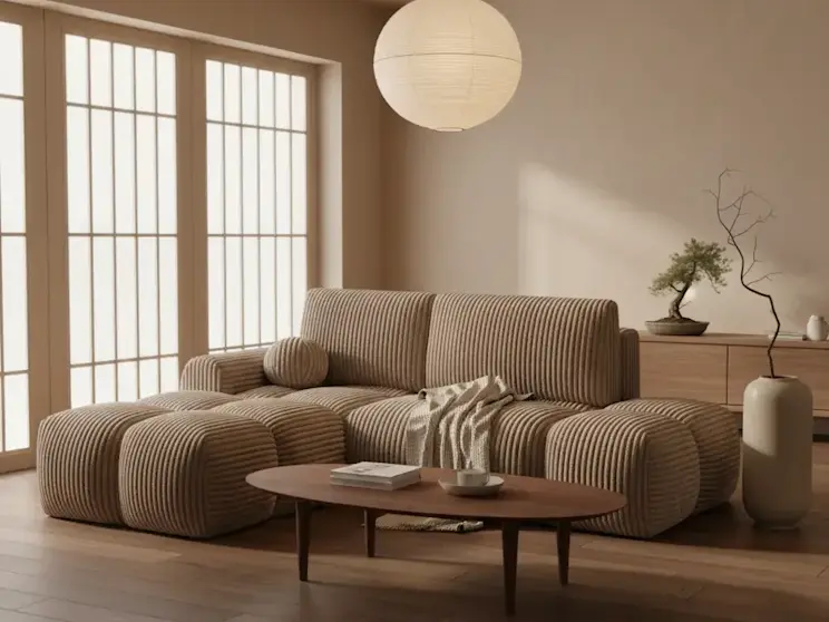 Beżowy narożnik Vittario lewy Modullo20 w przytulnym salonie inspirowanym stylem japandi. Wnętrze z drewnianą podłogą, niskim stolikiem kawowym oraz delikatnym oświetleniem tworzy harmonijną i spokojną przestrzeń do odpoczynku.