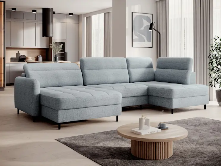 Narożnik Berrto w eleganckiej aranżacji salonu. Miękkie siedziska, jasna tapicerka i ponadczasowy design pasujący do nowoczesnych wnętrz.