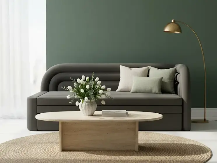 Szara kanapa Fabillo Sola 06 z zaokrąglonym oparciem ustawiona w nowoczesnym salonie z zieloną ścianą, drewnianym stolikiem kawowym i okrągłym dywanem.