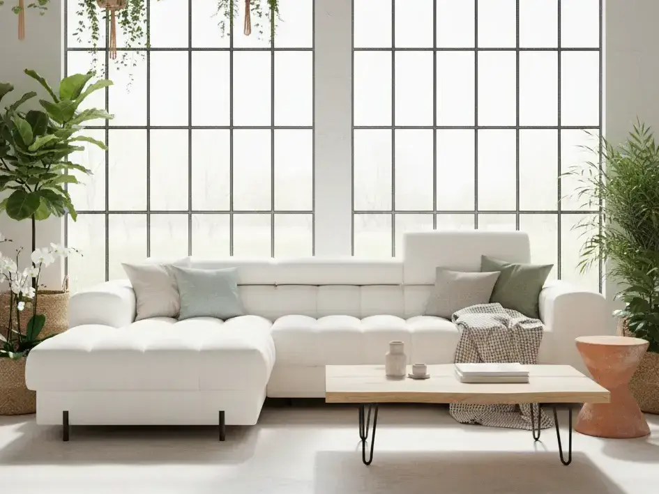 Stylowe wnętrze z białym narożnikiem Felro lewym Amore01, otoczone roślinnością i naturalnymi materiałami. Jasna aranżacja, lekkie tekstylia i proste formy mebli podkreślają nowoczesny, harmonijny charakter salonu.