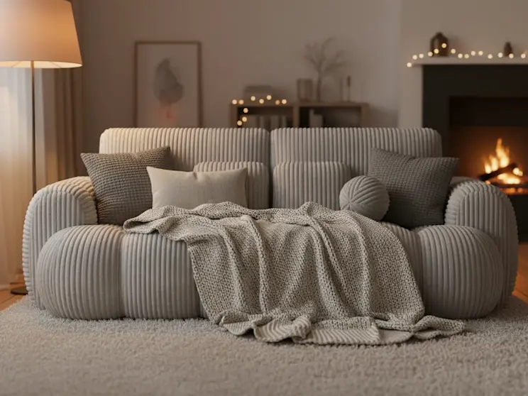 Nowoczesna sofa Cotonn Modullo03 w jasnym beżu z ryflowaną tkaniną i miękkimi poduszkami. Ustawiona na puszystym dywanie w salonie z kominkiem, idealna do odpoczynku z rodziną i wieczorów w domowym cieple.