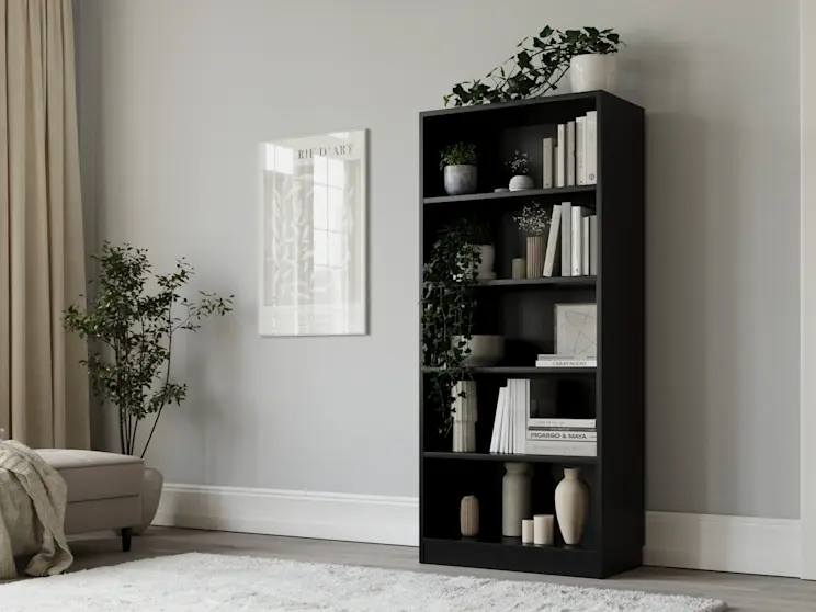 Aranżacja salonu z regałem Seilf w czarnym kolorze, na półkach książki, ceramika i zielone rośliny. W kadrze widoczna pufa Bellis Inari 22 oraz jasny dywan, które podkreślają nowoczesny, przytulny styl wnętrza.