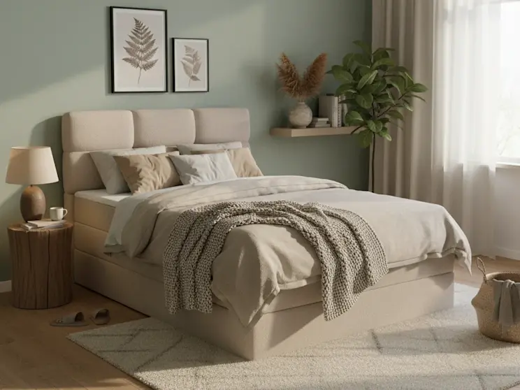 Beżowe łóżko Kasped w tkaninie Paolli 18, zaprezentowane w jasnej sypialni z zieloną ścianą, naturalnym światłem i przytulnymi dodatkami.
