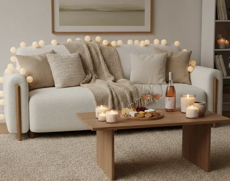 Jasna kanapa Arcadova I w tkaninie Jaffray 01 w przytulnym salonie z poduszkami, pledem i lampkami dekoracyjnymi. Na stoliku stoją świece, wino i przekąski, tworząc ciepły klimat do odpoczynku.