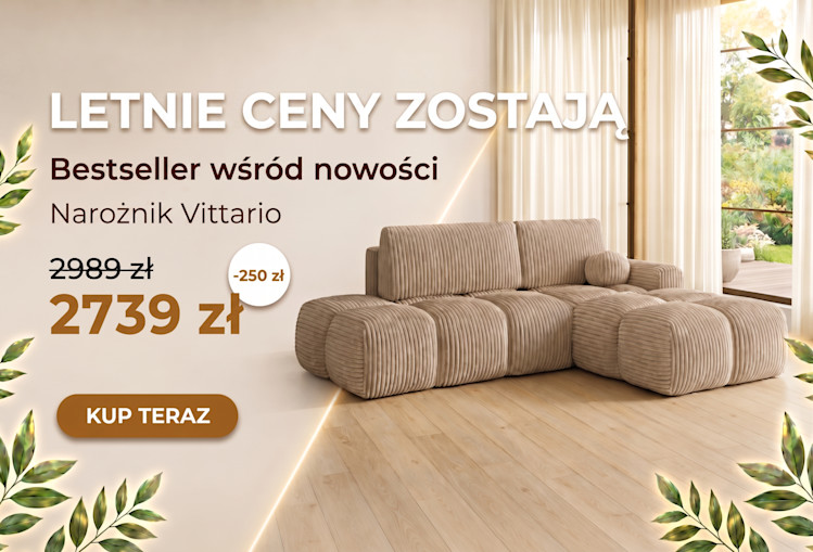 Baner Meble Lata z narożnikiem Vittario w beżowej tkaninie sztruksowej, ceną promocyjną 2739 zł, rabatem 250 zł i CTA Kup teraz