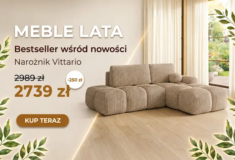 Baner Meble Lata z narożnikiem Vittario w beżowej tkaninie sztruksowej, ceną promocyjną 2739 zł, rabatem 250 zł i CTA Kup teraz