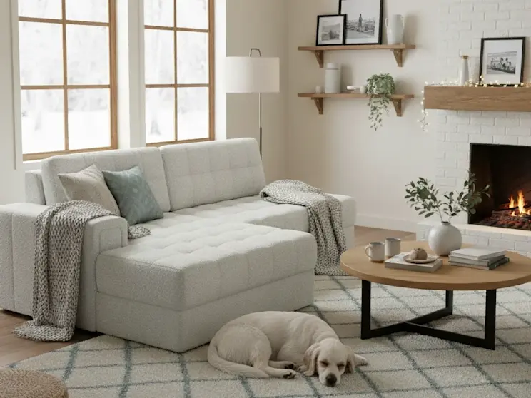 Jasny narożnik Blezalt lewy w tkaninie Royal, ustawiony w przytulnym salonie z kominkiem, drewnianym stolikiem i miękkim dywanem.