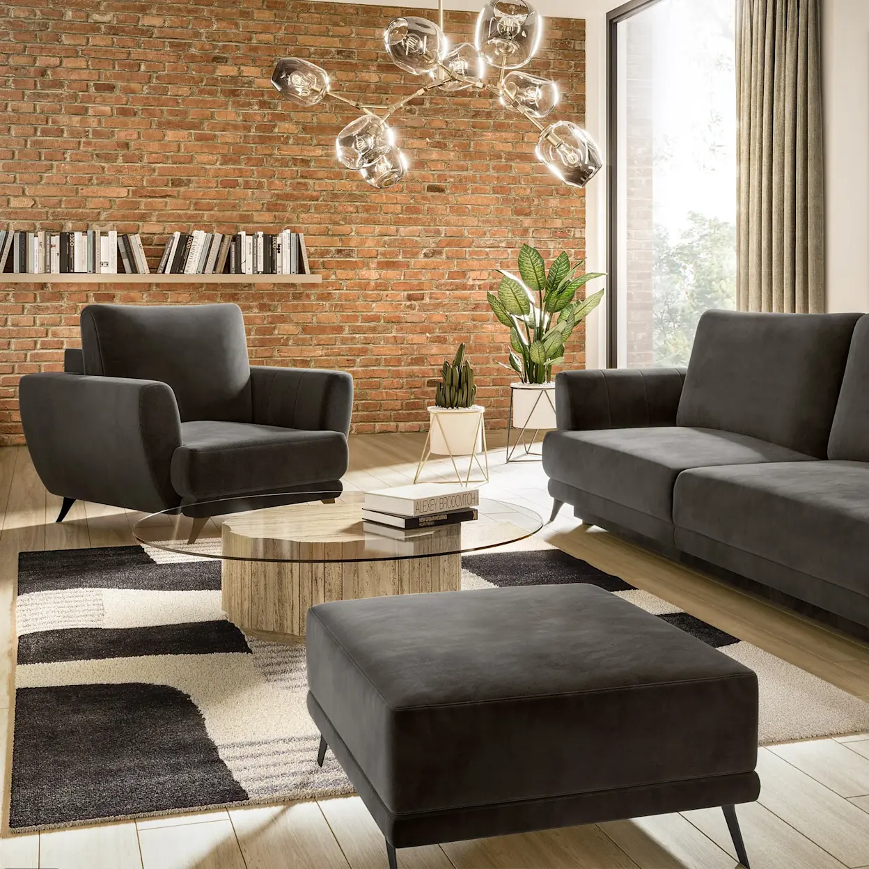 Elegancki zestaw wypoczynkowy Megis w grafitowej tkaninie, w nowoczesnym salonie z ceglaną ścianą i jasnym drewnianym wykończeniem.