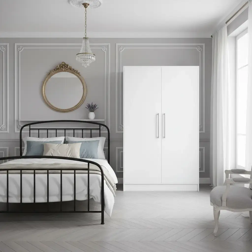 Biała szafa Alarica II w eleganckiej sypialni z klasycznymi zdobieniami na ścianach, metalowym łóżkiem i dekoracyjnym lustrem. Jasna kolorystyka i subtelne detale tworzą stylowe, harmonijne wnętrze sprzyjające relaksowi.