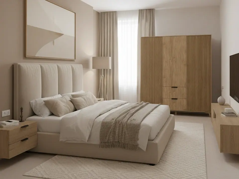 Stylowa, ciepła sypialnia z szafą Entsian o pionowych lamelach, połączona z drewnianymi meblami i neutralnymi tekstyliami w beżowej sypialni nowoczesnej.