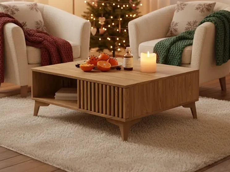Stolik kawowy Entsian z naturalnego drewna w świątecznym salonie z choinką, świecą i cytrusowymi dekoracjami, tworzący ciepły, domowy klimat.