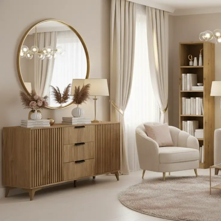 Komoda Entsian i regał Craft w eleganckim, jasnym salonie z dużym lustrem, beżowymi zasłonami i dodatkami w naturalnym stylu.
