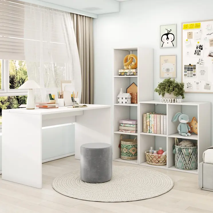 Regał Jugis SH-JUG-W-REG80, regał Figgi SH-FIG-W-REG40, pufa Linsy Monolith 84 Lin_06, biurko Nevy DE-NEV-W-120 [pomieszczenie MAŁE]