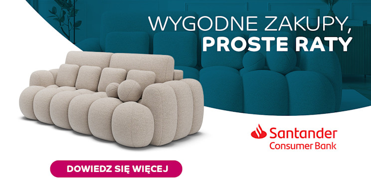 Wygodne zakupy, proste raty – grafika z jasną sofą, logo Santander Consumer Bank oraz przyciskiem „Dowiedz się więcej”.
