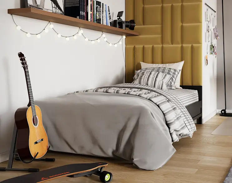 Musztardowe panele Quadratta zamontowane na ścianie nad łóżkiem, tworzące efektowną i miękką dekorację w młodzieżowym pokoju.