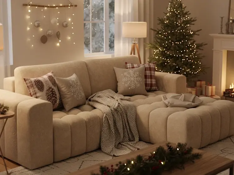 Narożnik Bonett Dora 21 w ciepłym, świątecznym salonie z choinką, dekoracjami i miękkimi poduszkami, tworzący rodzinny klimat zimowych wieczorów.