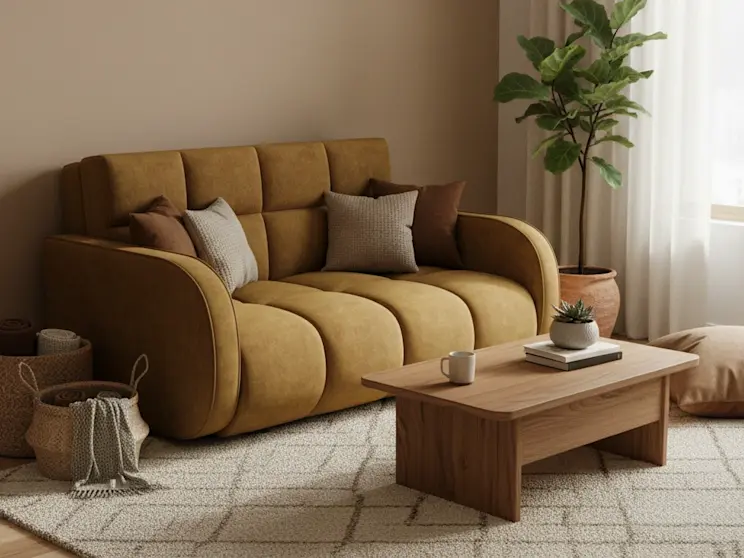 Stylowa amerykanka Deverio Aura 45 w przytulnym wnętrzu z miękkimi poduszkami, jasnymi zasłonami i dodatkami w stylu boho.