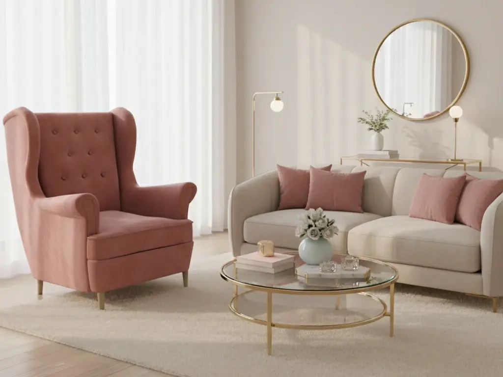 Fotel Aros w tkaninie Kronos 29 w pastelowym salonie z jasną sofą, szklanym stolikiem i subtelnymi dekoracjami.
