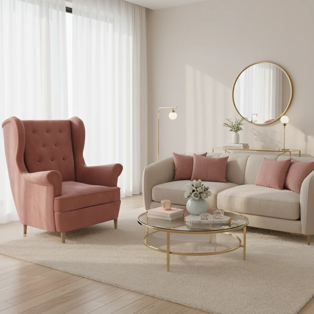 Różowy fotel uszak Aros Kronos 29 ustawiony w stylowym wnętrzu glamour z okrągłym lustrem, złotem i delikatnym oświetleniem.
