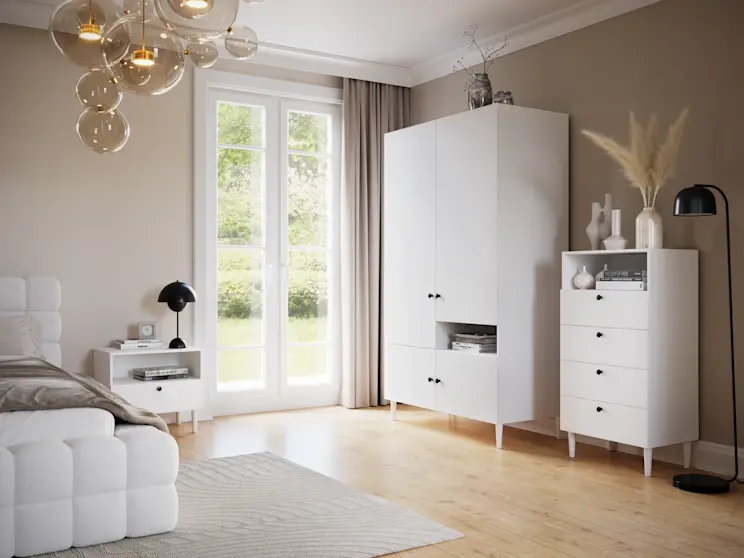 Aranżacja sypialni z meblami Dullum — szafą, regałem i szafką nocną — oraz łóżkiem Dizzle, utrzymana w jasnych, spokojnych barwach.