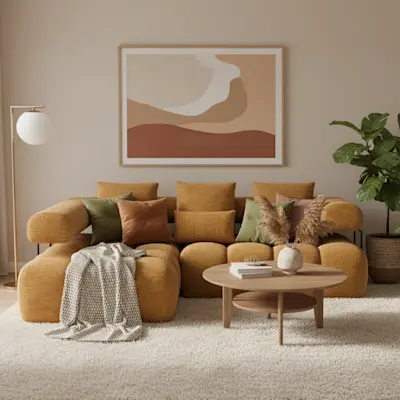 Narożnik Levvi w tkaninie Manhattan 45 w przytulnym salonie z beżowym dywanem, roślinami i naturalnymi dodatkami w ciepłych barwach.